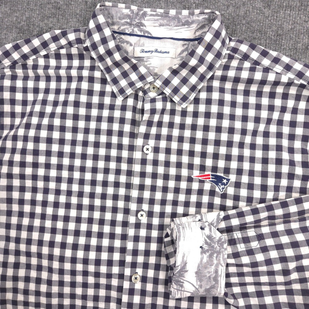 Tommy Bahama New England Patriots Shirt Mens XL Navy Check Tropical Flip Cuff